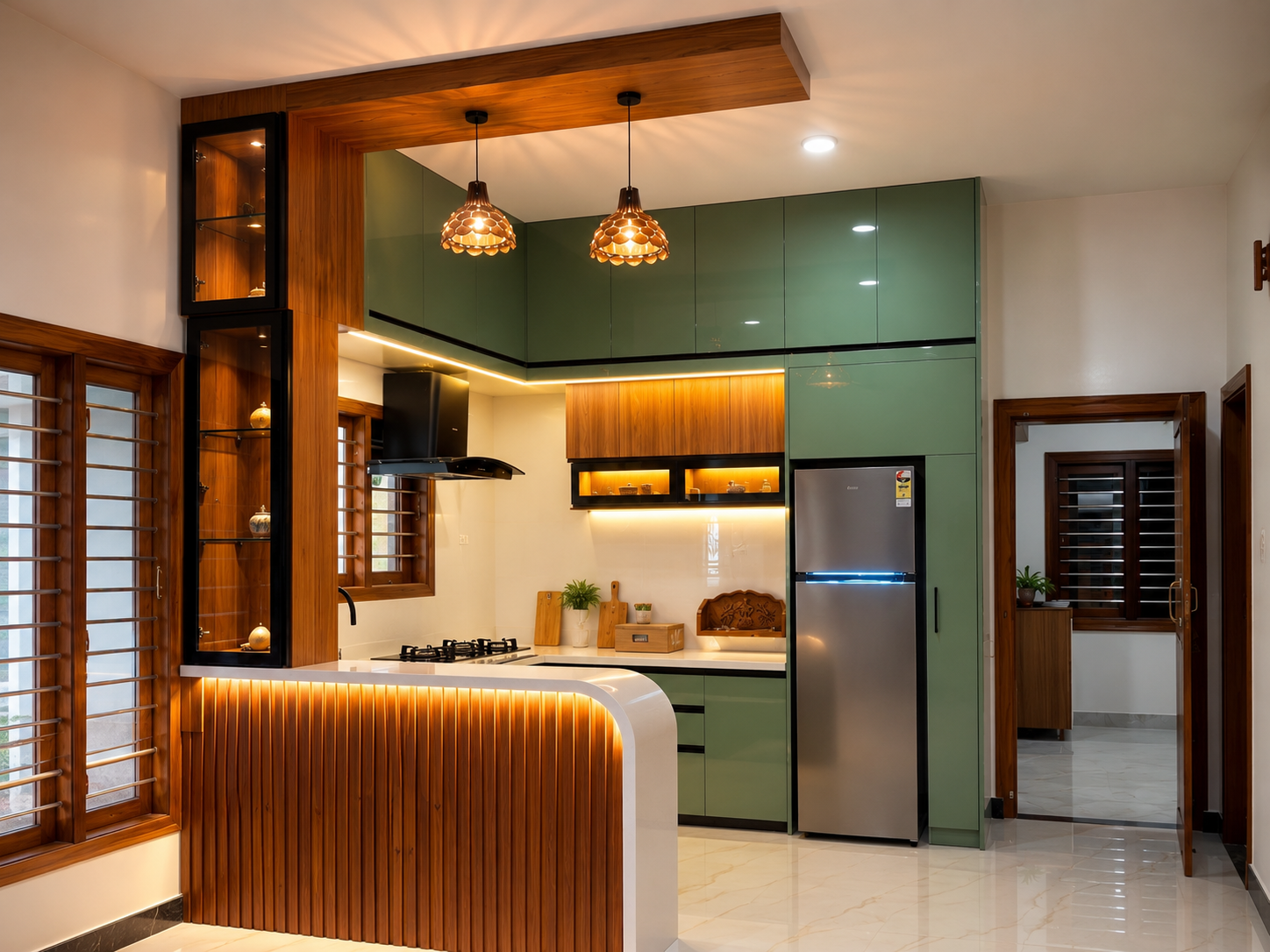 Luxury pooja room interior with backlit carvings
