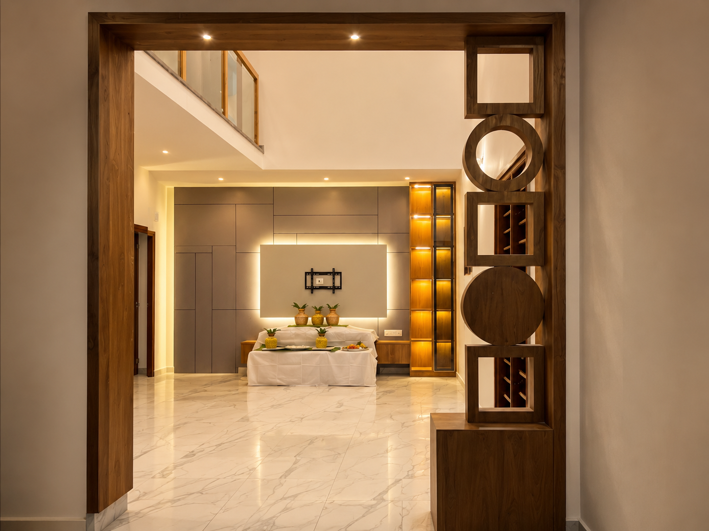 Geometric solid wood partition archway cutouts