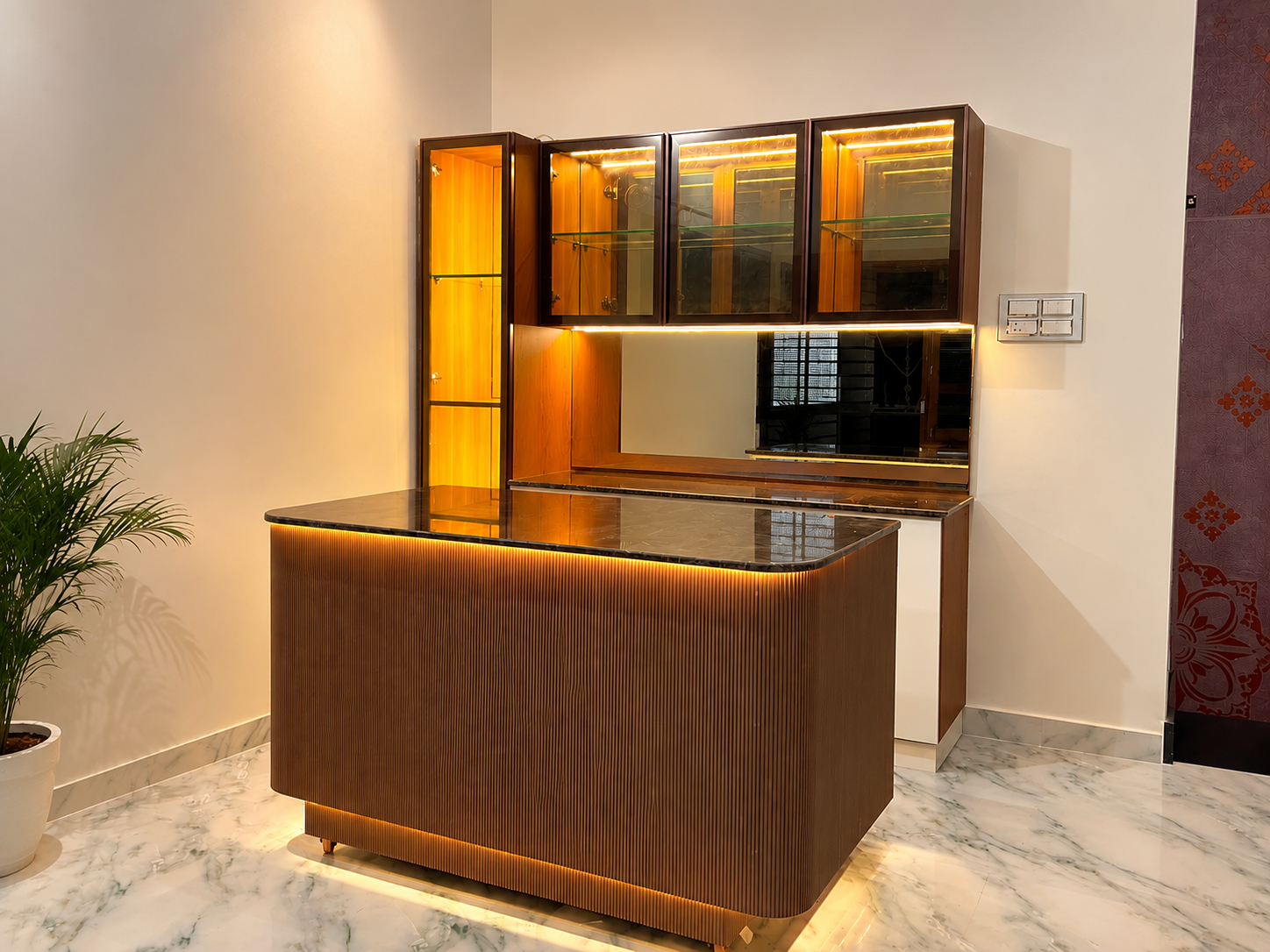 Rounded fluted wood bar island crockery unit