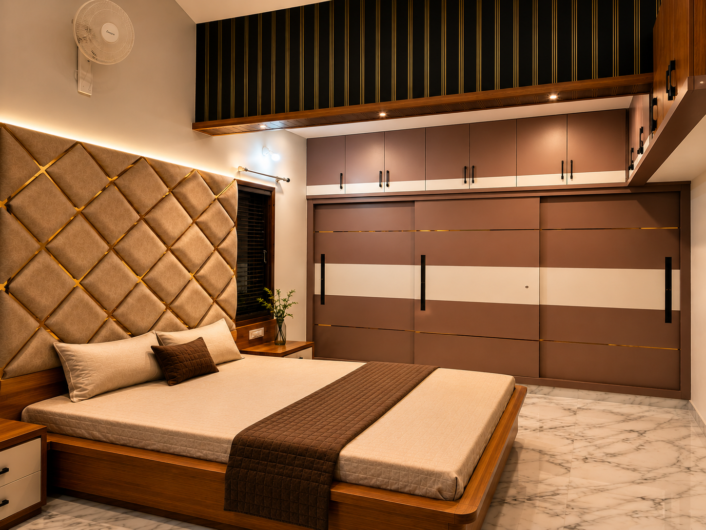 Bedroom platform bed with quilted fabric headboard
