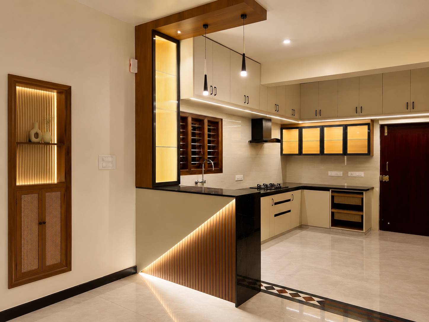 L-shape cream modular kitchen with breakfast counter partition