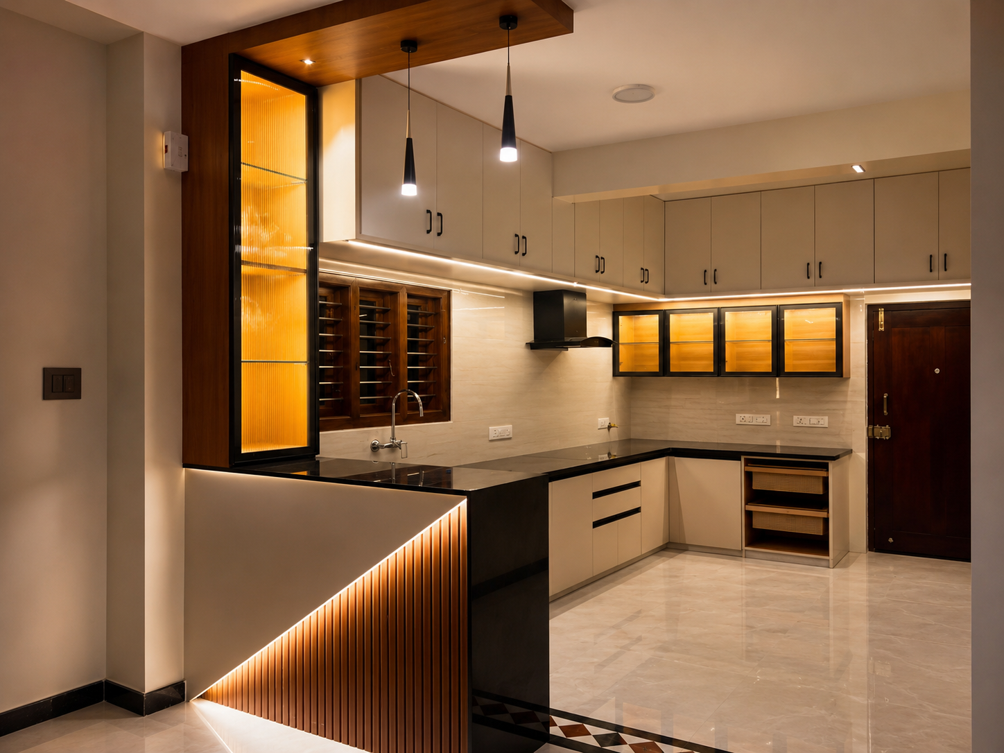 Modular kitchen wide view with black granite and overhead glass cabinets