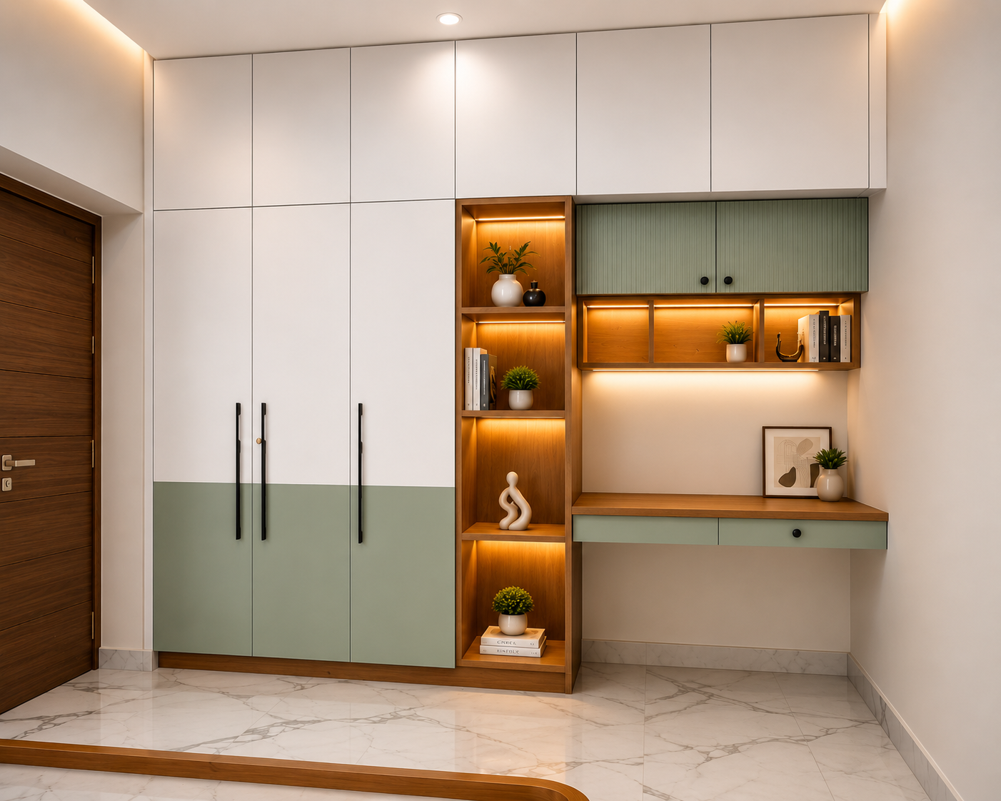 Sage green and white wardrobe with backlit display tower