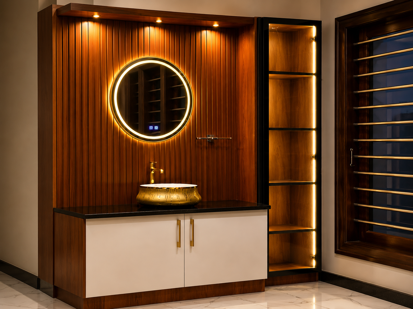 Luxury washbasin vanity with touched backlit round mirror
