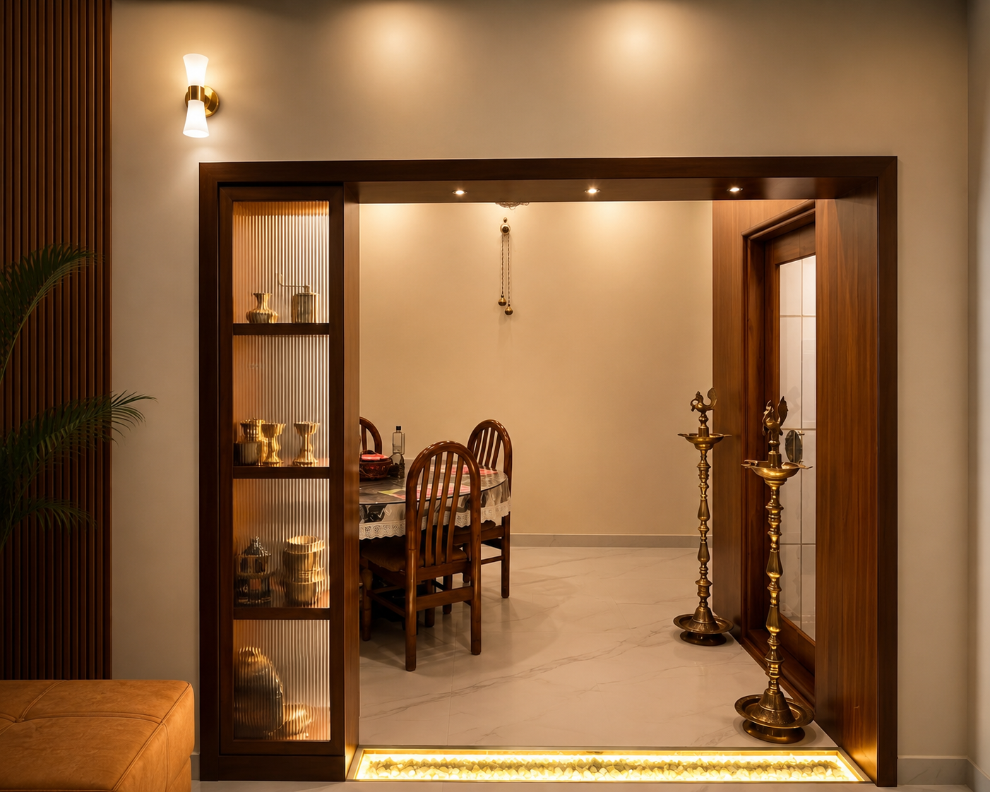 Dining room wooden arch partition with samai lamps