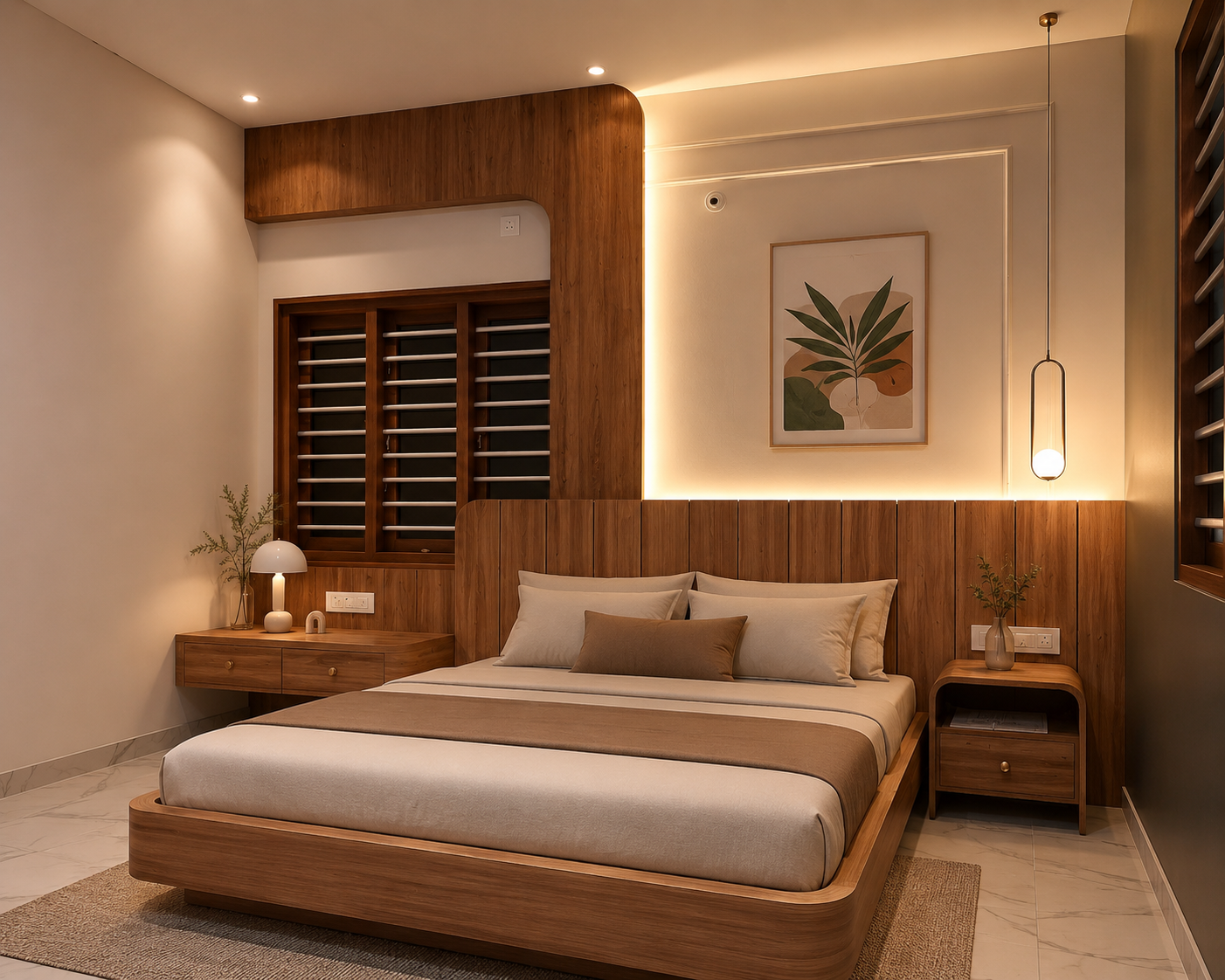 Accent wood slat bedroom back panel with warm ambient glow lighting
