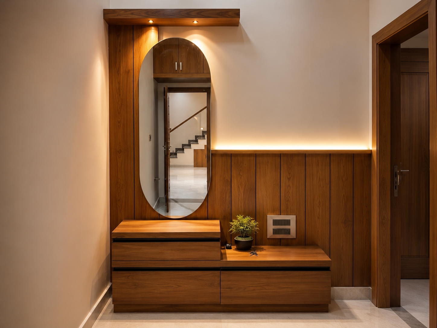 Foyer entryway console with oval backlit mirror