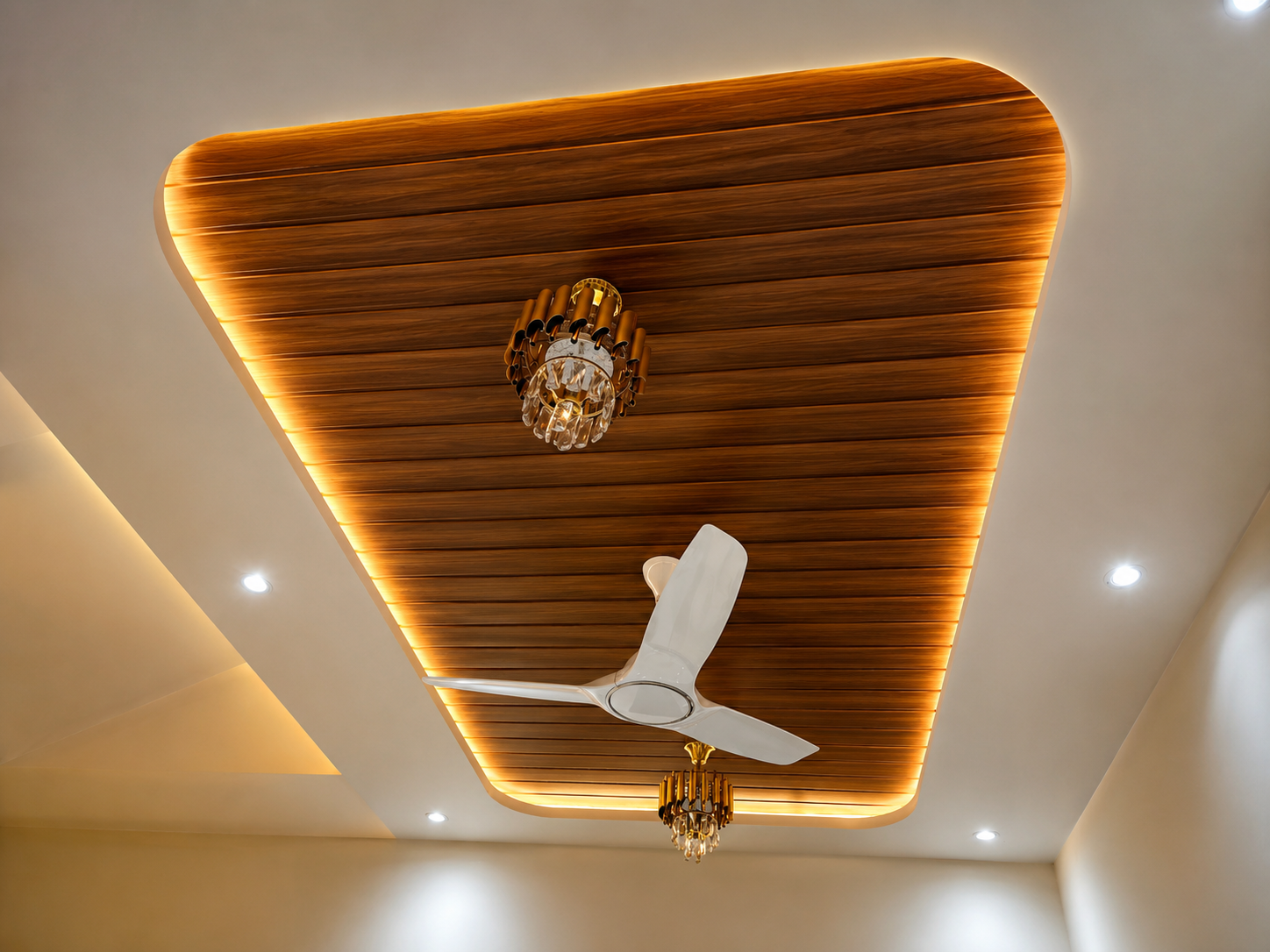Recessed wooden slat false ceiling design with chandeliers